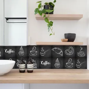 Chalk drawing tile stickers featuring retro coffee and dessert designs for kitchen wall decor.