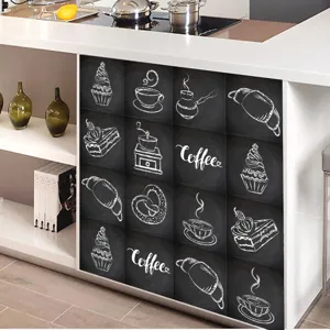 Retro chalk style kitchen tile sticker detail showing coffee and dessert blackboard patterns.