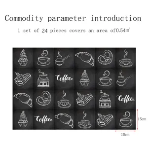 Vintage chalk drawing tile stickers, 24 pcs 15x15cm coffee and dessert patterns for kitchen.