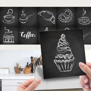 Close up view of retro chalk art kitchen tile sticker showing detailed coffee cupcake pattern.