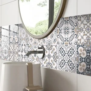 Close-up detail of Moroccan style self-adhesive tile sticker wall decor in bathroom setting.