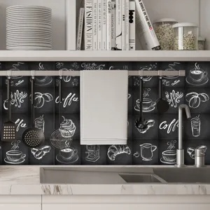 Chalkboard coffee tile stickers, vintage grey kitchen wall decor, self-adhesive waterproof tile.