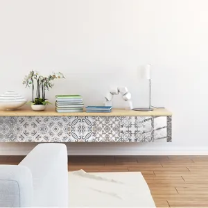 Moroccan tile sticker detail showing vintage geometric pattern on modern floating cabinet setup.