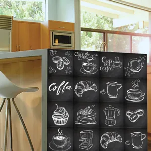 Chalkboard style coffee tile sticker detail view, vintage kitchen wall decor self-adhesive decal.