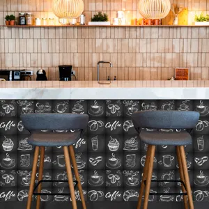 Chalkboard style coffee tile stickers for kitchen backsplash and bar counter decoration.