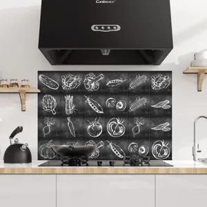 Chalkboard style vegetable tile sticker detail shot, grey kitchen backsplash wall decal design.