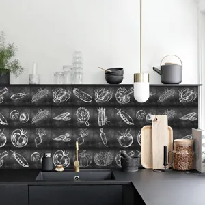 Vintage chalk drawing vegetable tile sticker, retro grey kitchen backsplash wall sticker.
