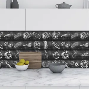Chalkboard style vegetable pattern tile sticker detail for kitchen wall decor, self-adhesive.