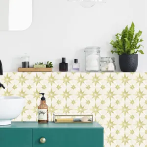 Close-up of retro star pattern self-adhesive tile sticker in modern bathroom scene decor.