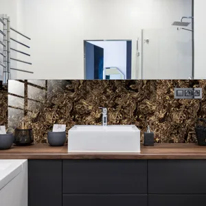 Detail view of black and gold marble pattern tile sticker for modern bathroom wall decor.