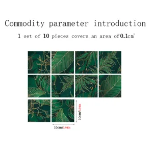 Green gold leaf tile sticker detail, self-adhesive waterproof wall tile sticker set.