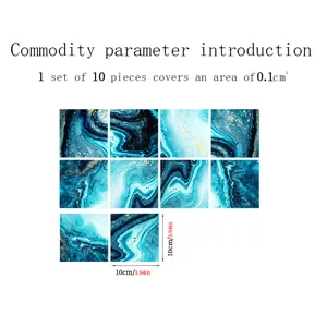 Blue marble crystal film tile stickers, 10 pieces per set, waterproof wall decor.