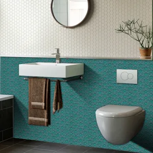 Self-adhesive PVC wall tile sticker teal fish scale design for modern bathroom decor