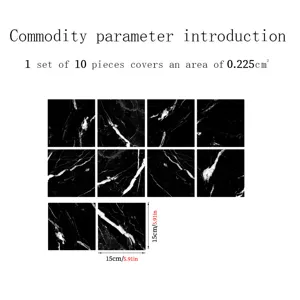 Black marble texture tile stickers, 10 pieces 15x15cm waterproof self-adhesive wall decor.