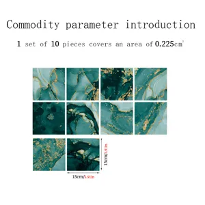 Dark green marble texture crystal film tile stickers, 10-piece waterproof wall and floor decor.