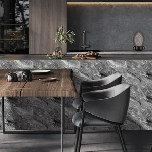 Vista detallada de pegatina de pared efecto mármol en cocina moderna, diseño adhesivo.