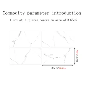Marble texture crystal film tile sticker detail showing dimensions and 4pcs set layout.