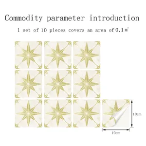 Detail view of gold star tile stickers set of 10 pieces, waterproof self-adhesive PVC wall decor.
