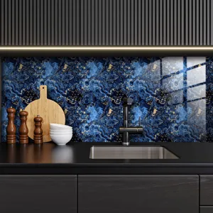 Detailed view of luxury blue gold marble tile sticker, waterproof self adhesive backsplash.