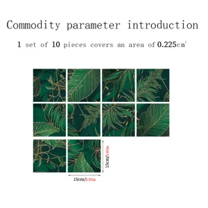 Green and gold leaf tile stickers set of 10 pieces, waterproof self-adhesive wall decals.