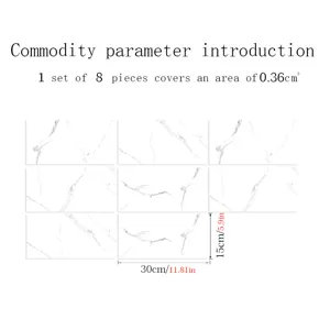 Detailed specification view of marble texture self-adhesive tile stickers, 8pcs.