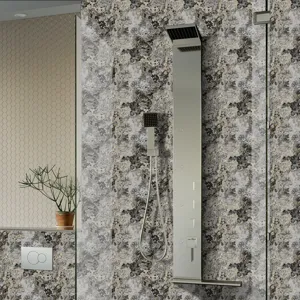 Detailed view of luxury marble pattern waterproof tile sticker in modern bathroom decor.