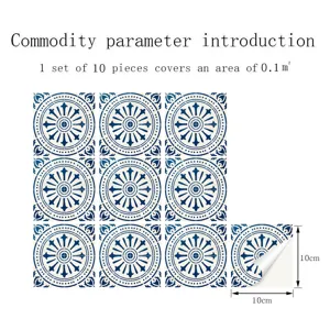 Detailed view showing tile sticker parameters, set of 10 pieces, size 10x10cm, PVC material.