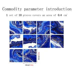 Blue marble texture tile stickers, 10 pieces set, waterproof self-adhesive wall and floor decor.