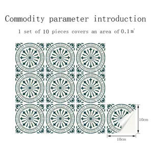 Close-up detail of self-adhesive PVC tile stickers showing retro pattern and 10x10cm size.