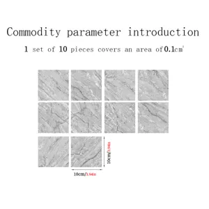 Grey marble texture tile stickers, set of 10 pieces, 10x10cm waterproof wall stickers for home decor.