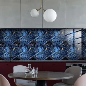 Blue gold marble tile sticker detail, waterproof peel and stick backsplash for kitchen wall.