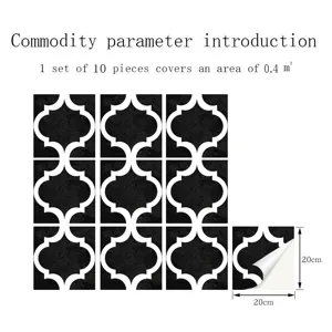 Details of black and white mosaic tile stickers with 20x20cm size for DIY home decoration.
