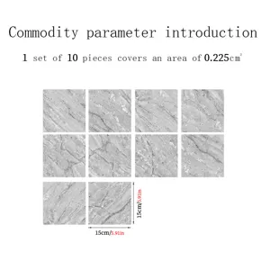 Grey marble texture tile sticker detail view, self adhesive waterproof surface for home wall decor.