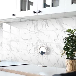 White marble self-adhesive tile sticker for kitchen backsplash and home wall decor detail.