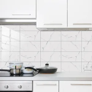 Kitchen marble pattern tile sticker scene detail, self-adhesive waterproof wall decor.