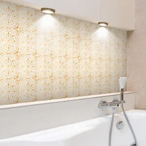 Waterproof self-adhesive PVC tile stickers with golden vintage pattern for bathroom decor scene up