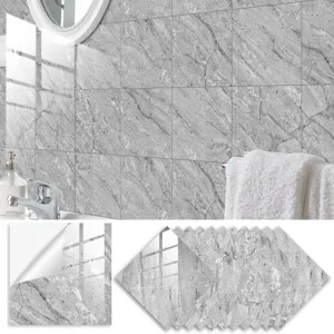 Grey marble pattern crystal film tile sticker detail, self-adhesive wall and floor decor.