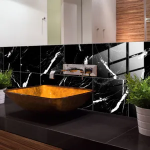 Detail shot of black marble crystal film tile sticker for modern home wall decor and renovation.