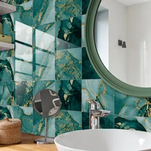 Green marble crystal tile sticker waterproof self-adhesive wall decor for bathroom interior detail view.