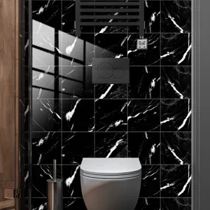 Black marble tile sticker self-adhesive waterproof wall decor for modern bathroom renovation.