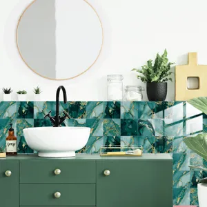 Green marble pattern crystal film tile stickers for home wall decor and furniture renewal.