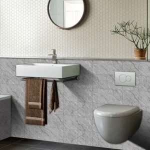 Gray marble pattern crystal film tile sticker showing modern bathroom wall decoration detail.