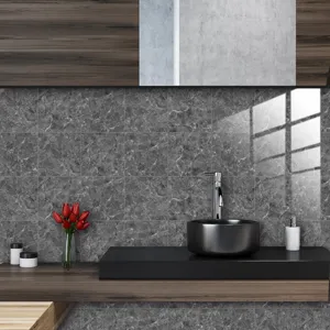 Gray marble effect crystal film tile sticker detail shot, smooth waterproof surface.