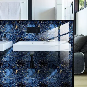 Blue gold marble tile sticker waterproof self-adhesive wall paper decor for home interior.