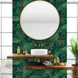 Detail view of tropical green leaf botanical self-adhesive wall tile sticker for home decor.