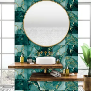 Green and gold marble texture tile sticker detail showing glossy waterproof surface for home decor.