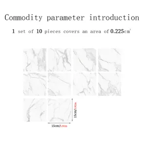 Marble texture tile sticker detail view showing 10 pieces set with 15x15cm size and patterns.