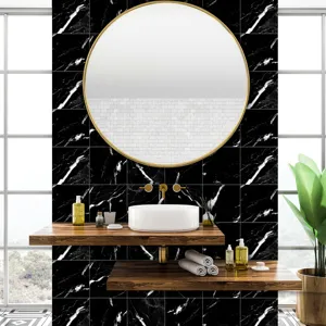 Detailed view of black marble tile stickers applied on bathroom wall, waterproof self-adhesive.