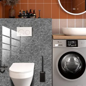 Close-up detail of grey marble pattern crystal film tile sticker in modern bathroom scene.