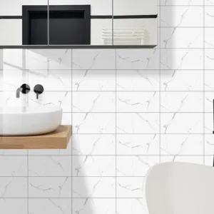 Detail view of white marble texture wall tile stickers in modern bathroom scene decor.